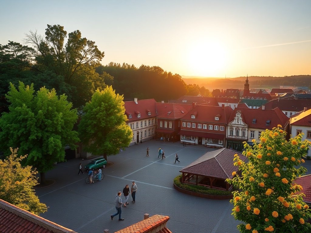 Widok na rynek w Zawidowie podczas majowego święta, z kwitnącymi drzewami i ludźmi cieszącymi się wiosenną atmosferą.